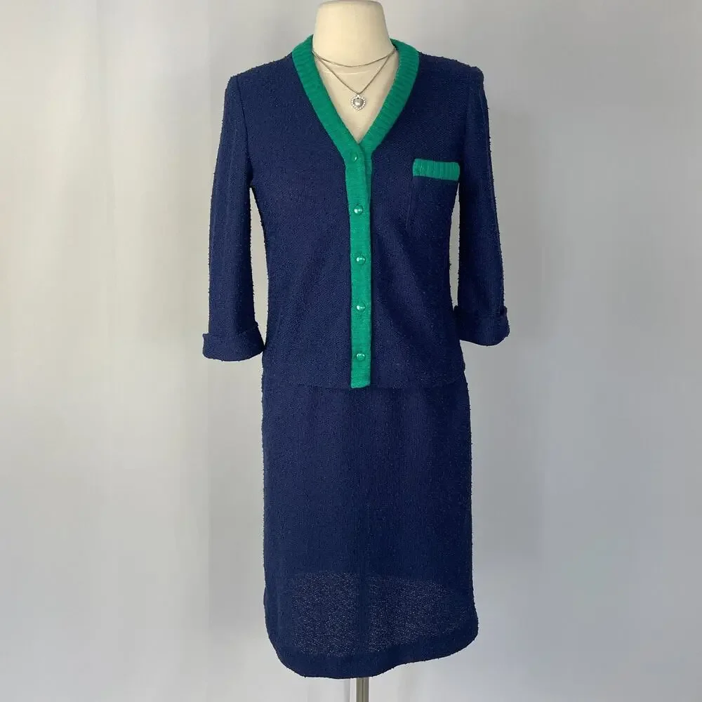 Vintage Skirt Set Size Small Navy Blue Knit Cardigan Retro Minimal Academia Twee